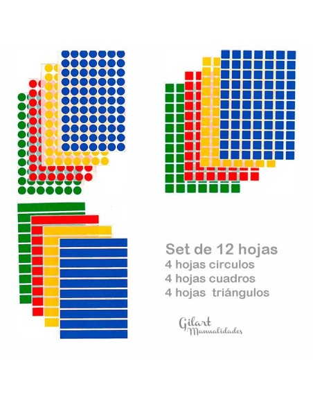 Set de 12 hojas de Gomets APLI: Círculos, cuadrados y triángulos para manualidades escolares.