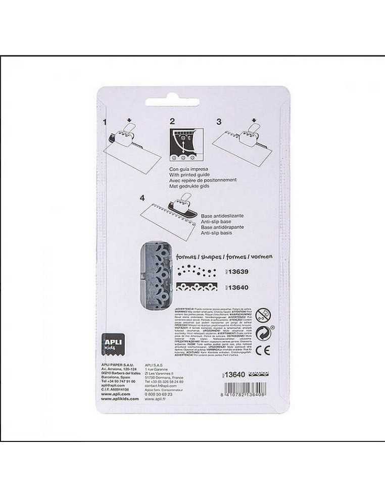 Instrucciones de uso claras y características clave de la perforadora Apli en el dorso.