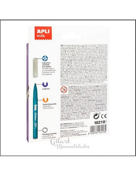 Rotuladores glitter Apli pack 10 colores surtidos, vista trasera con detalles del producto