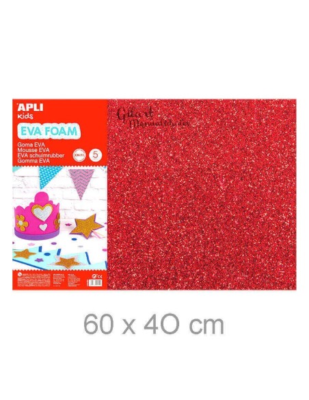 Goma Eva con Purpurina Roja Apli 60x40 cm para manualidades y decoración brillante.