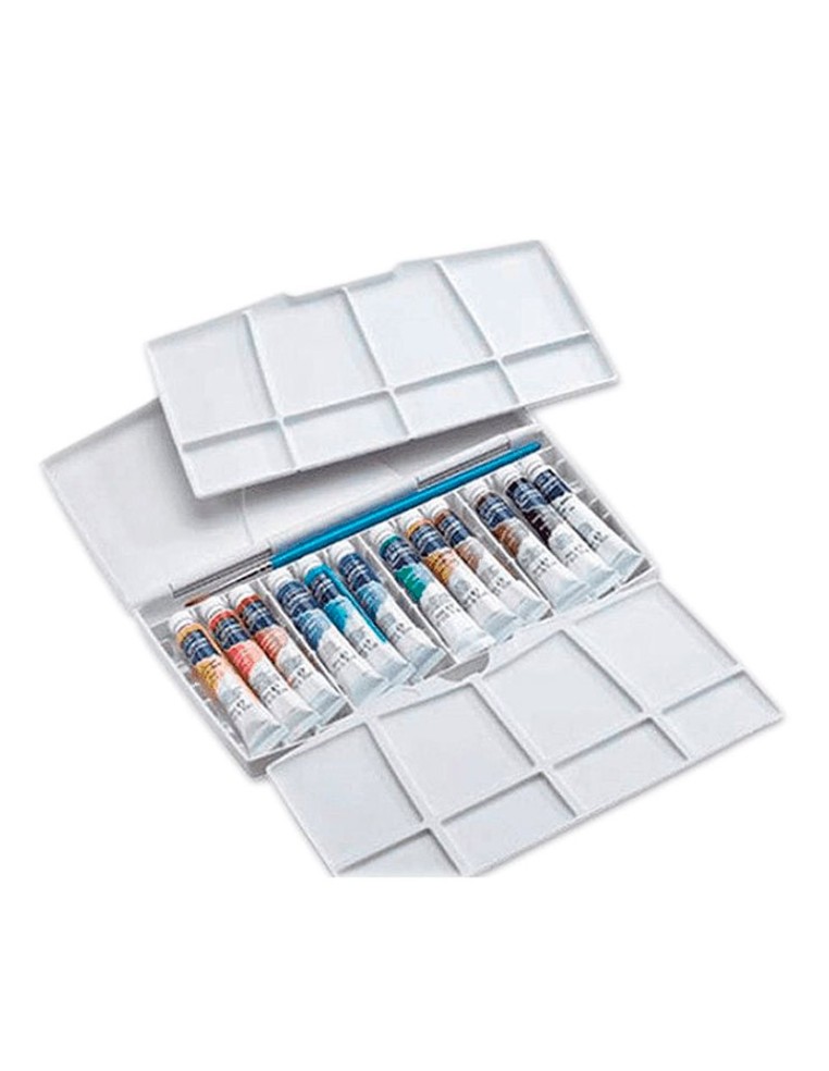 Set de acuarelas Cotman Winsor & Newton abierto con 12 tubos de 8 ml y paleta integrada.