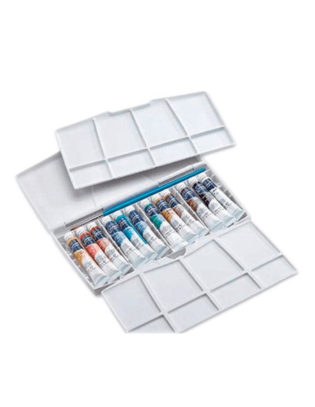 Set de acuarelas Cotman Winsor & Newton abierto con 12 tubos de 8 ml y paleta integrada. Set de acuarelas Cotman Winsor & Newton abierto con 12 tubos de 8 ml y paleta integrada.