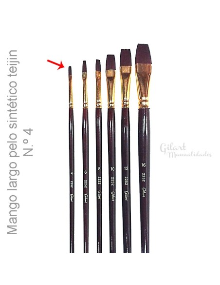 Pincel plano Gilart Teijin N.º 4: Ideal para detalles finos, líneas nítidas y retoques en tus obras acrílicas. Pincel plano Gilart Teijin N.º 4: Ideal para detalles finos, líneas nítidas y retoques en tus obras acrílicas.