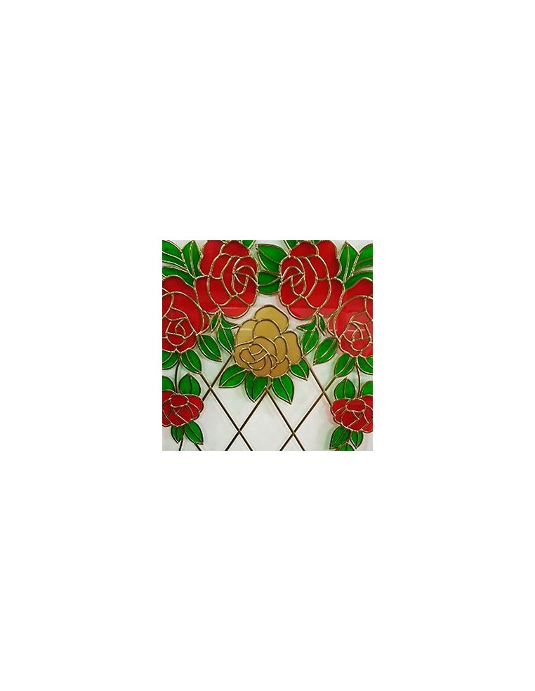 Vidriera decorada con plomo adhesivo de 6 mm y rosas pintadas a mano.