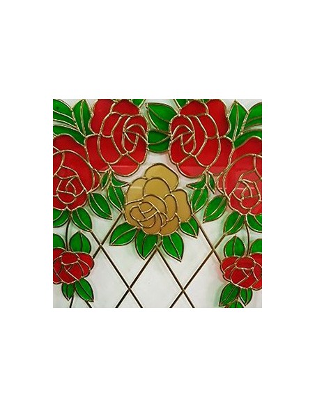 Vidriera decorada con plomo adhesivo de 6 mm y rosas pintadas a mano.