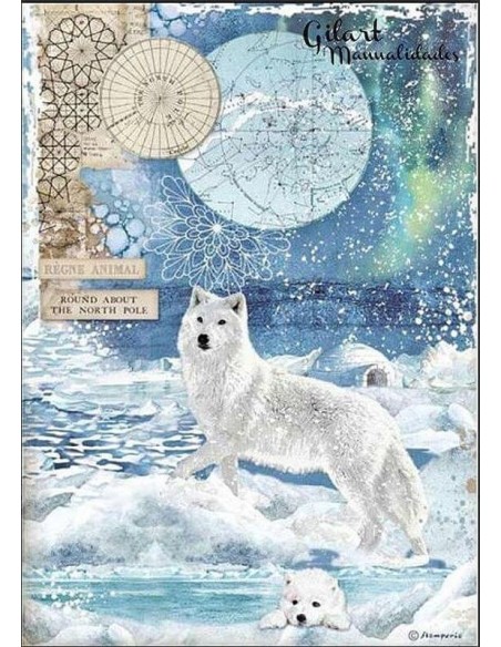 Papel arroz decoupage Stamperia Artic World Lobo Polar, ideal para decorar manualidades