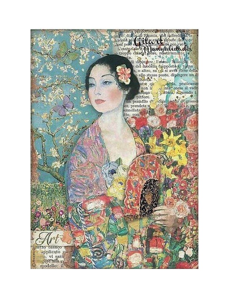 Papel arroz decoupage Stamperia Atelier Dama con Abanico, ideal para decorar manualidades