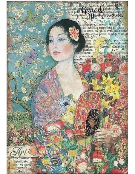 Papel arroz decoupage Stamperia Atelier Dama con Abanico, ideal para decorar manualidades