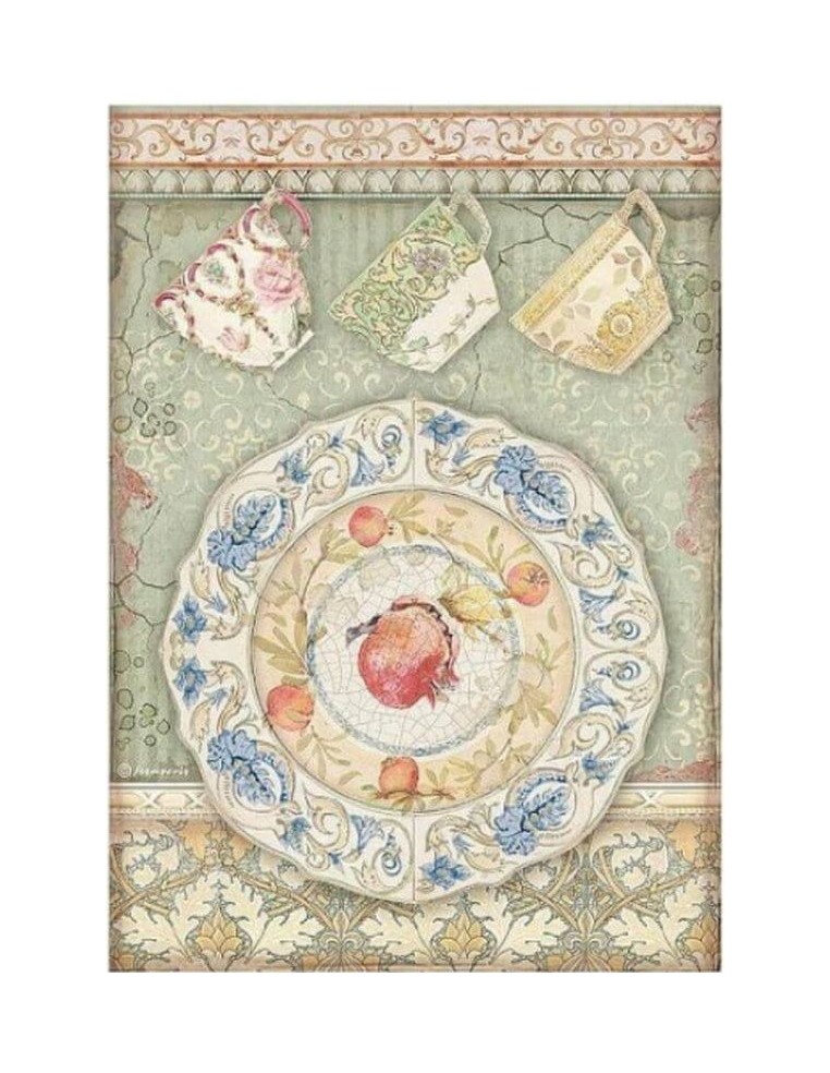 Papel arroz decoupage Stamperia A4 Casa Granada Plato y Taza para decorar objetos