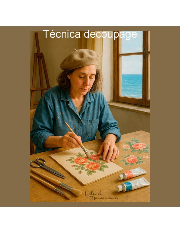 Mujer decorando tabla de madera con papel arroz decoupage Stamperia Gaviotas
