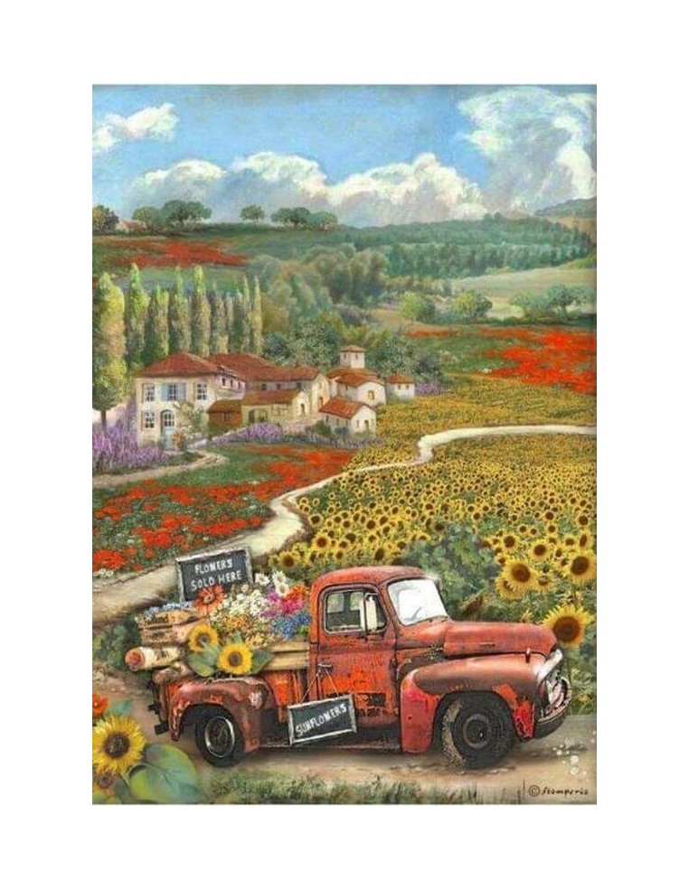 Papel de arroz Stamperia Sunflower Art Coche Vintage A4 para decoupage