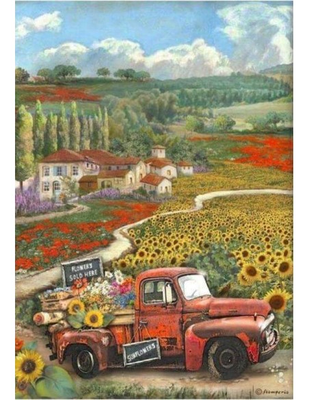 Papel arroz decoupage Stamperia Sunflower Art Coche Vintage ideal para decorar madera Papel arroz decoupage Stamperia Sunflower Art Coche Vintage ideal para decorar madera