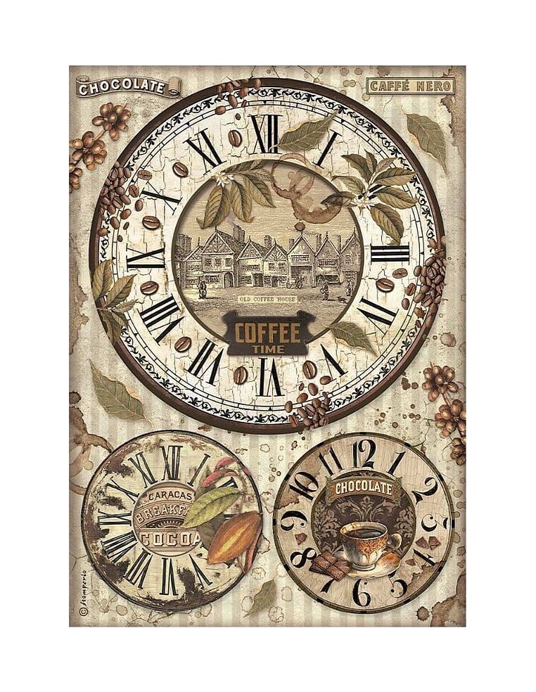 Papel arroz decoupage Stamperia Coffee and Chocolate Relojes ideal para decorar madera