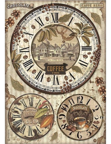 Papel arroz decoupage Stamperia Coffee and Chocolate Relojes ideal para decorar madera Papel arroz decoupage Stamperia Coffee and Chocolate Relojes ideal para decorar madera