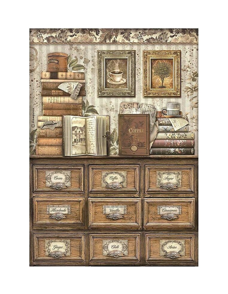 Papel arroz decoupage Stamperia Coffee and Chocolate Libros ideal para decorar madera y más