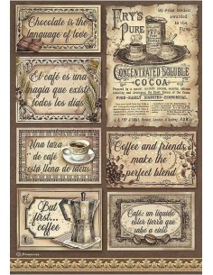 Papel arroz decoupage Stamperia Coffee and Chocolate Etiquetas ideal para decorar madera