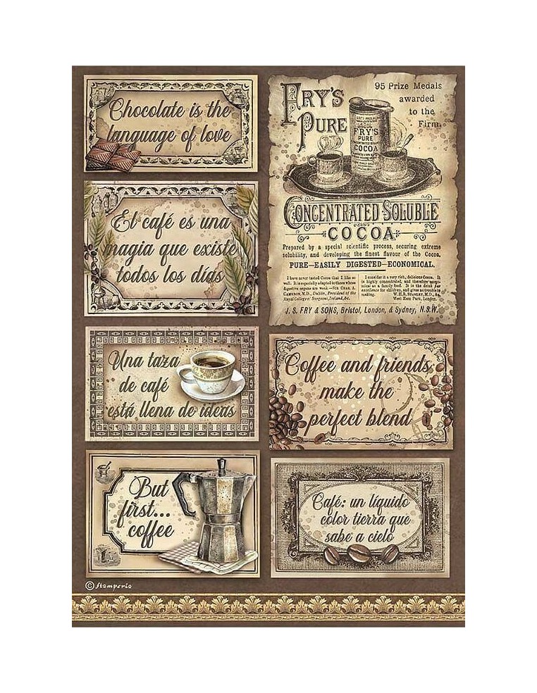 Papel arroz decoupage Stamperia Coffee and Chocolate Etiquetas ideal para decorar madera