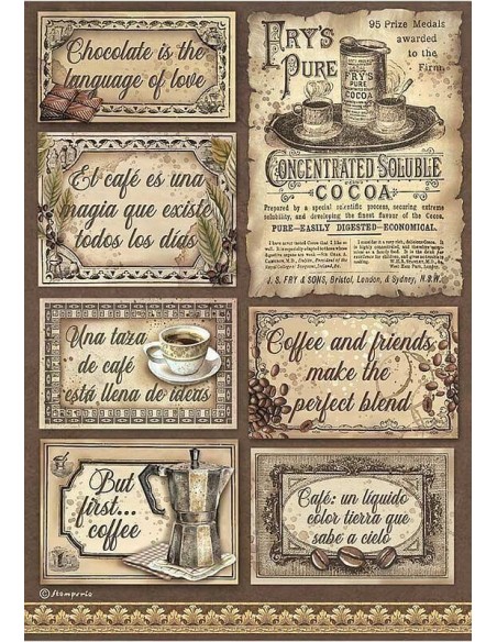 Papel arroz decoupage Stamperia Coffee and Chocolate Etiquetas ideal para decorar madera Papel arroz decoupage Stamperia Coffee and Chocolate Etiquetas ideal para decorar madera