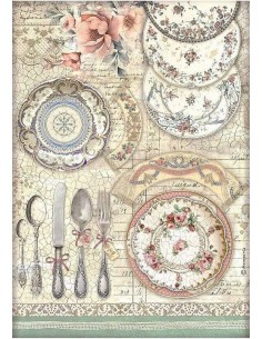 Papel arroz decoupage A4 Stamperia Brocante con diseño de platos cerámicos vintage