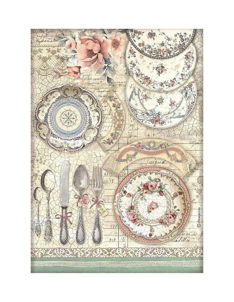 Papel arroz decoupage A4 Stamperia Brocante con diseño de platos cerámicos vintage
