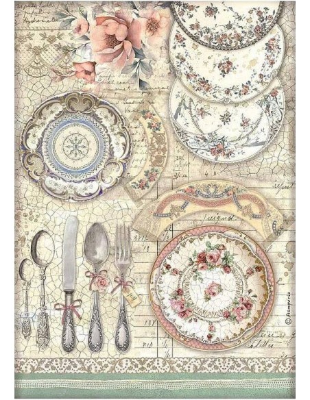 Papel arroz decoupage A4 Stamperia Brocante con diseño de platos cerámicos vintage Papel arroz decoupage A4 Stamperia Brocante con diseño de platos cerámicos vintage