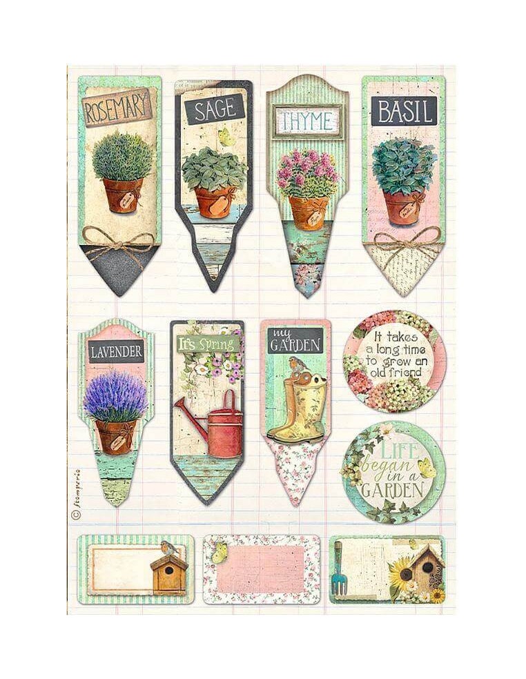 Papel arroz decoupage Stamperia etiquetas vintage ideal para decorar con estilo