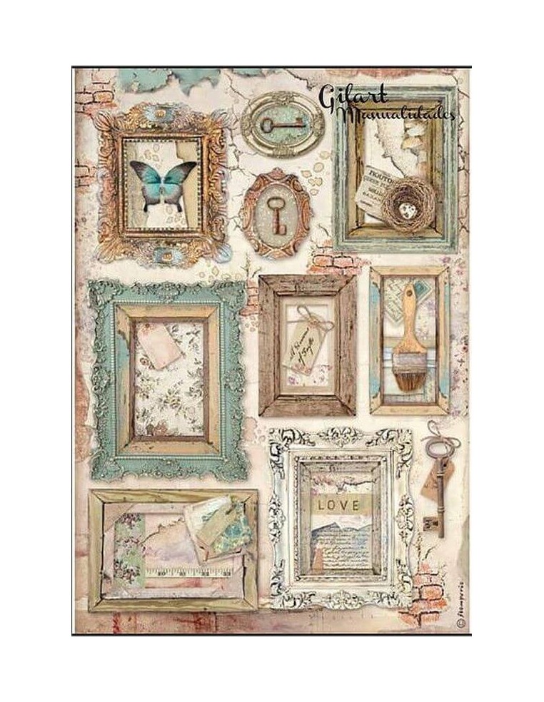 Papel arroz decoupage A4 Stamperia DFSA4548 con marcos decorativos estilo vintage