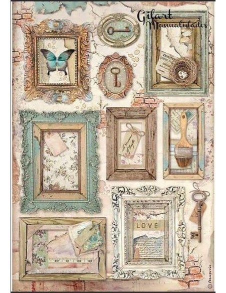 Papel arroz decoupage A4 Stamperia DFSA4548 con marcos decorativos estilo vintage