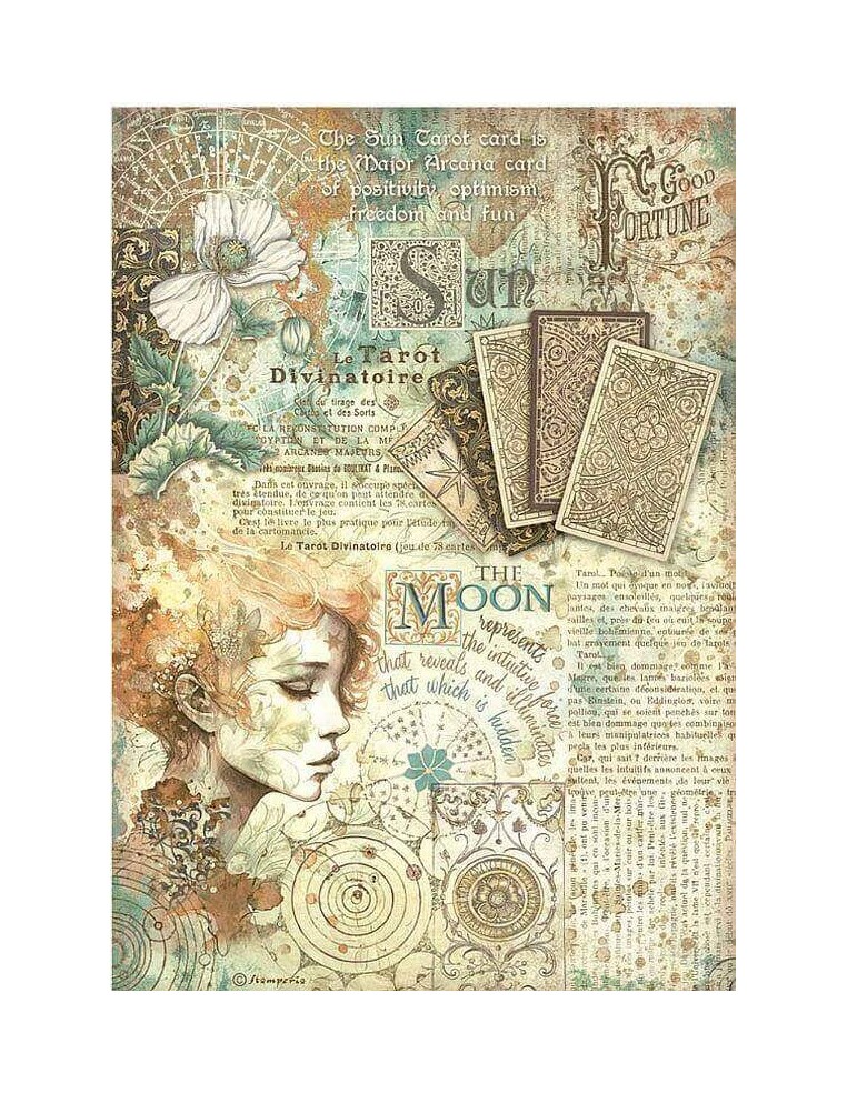 Papel arroz decoupage A4 Stamperia Astrología DFSA4875 aplicado en madera y porcelana