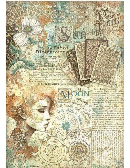 Papel arroz decoupage A4 Stamperia Astrología DFSA4875 aplicado en madera y porcelana