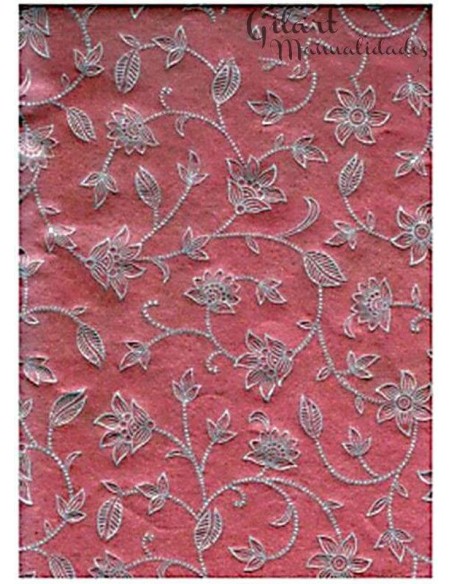 Papel scrapbooking Metalizado Rojo Flores Plata 50×70 cm para álbumes, tarjetas y decoración creativa