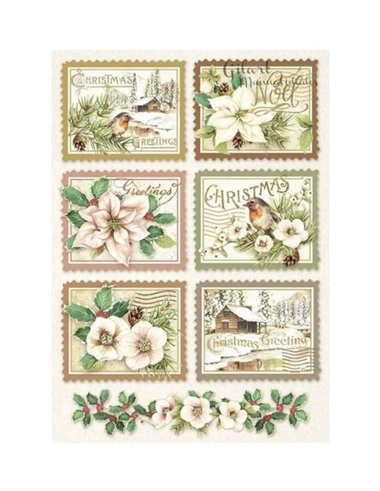 Papel arroz A4 Stamperia Christmas Tarjetas DFSA4342 para decoupage navideño versátil