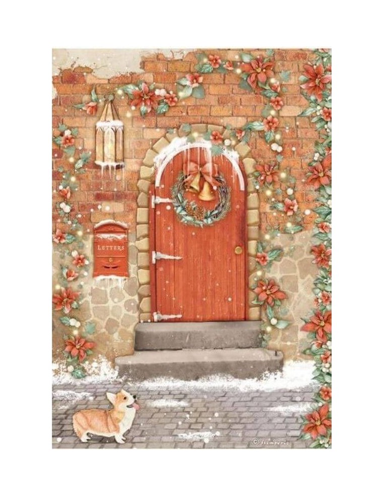 Papel arroz A4 Stamperia Christmas puerta, ideal para decoración navideña artesanal