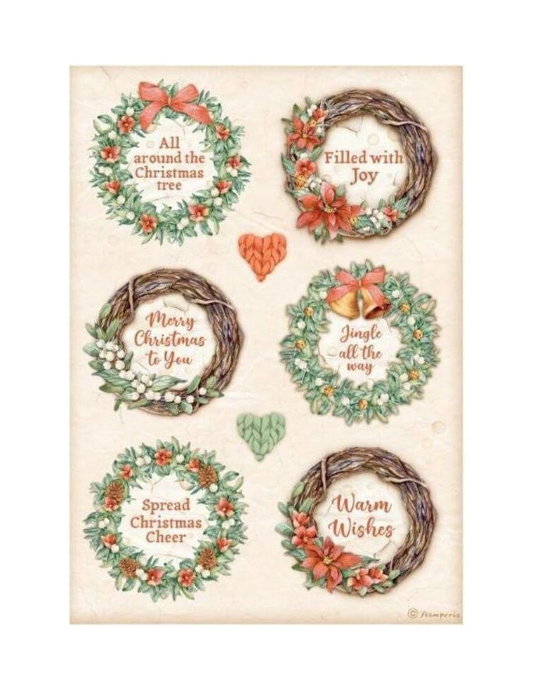 Papel arroz A4 Stamperia Christmas coronas, ideal para decoración navideña artesanal