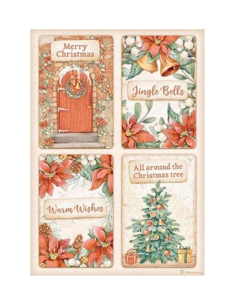 Papel arroz A4 Stamperia DFSA4808 con 4 tarjetas navideñas de estilo clásico vintage