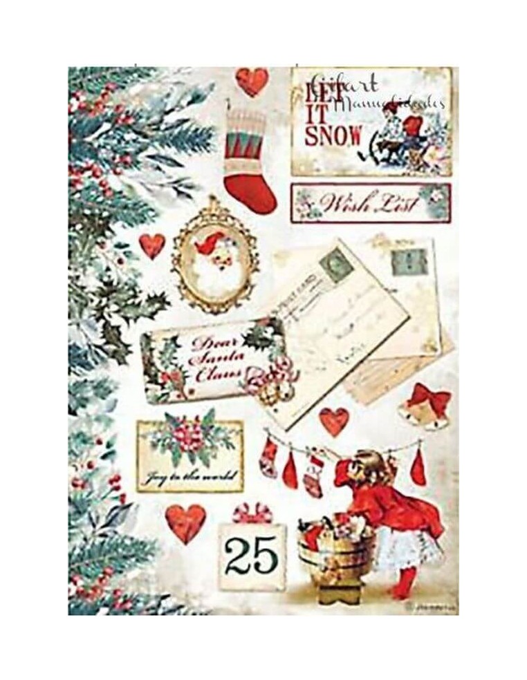 Papel arroz Romantic Christmas Stamperia DFSA4614 con tarjetas vintage navideñas decorativas