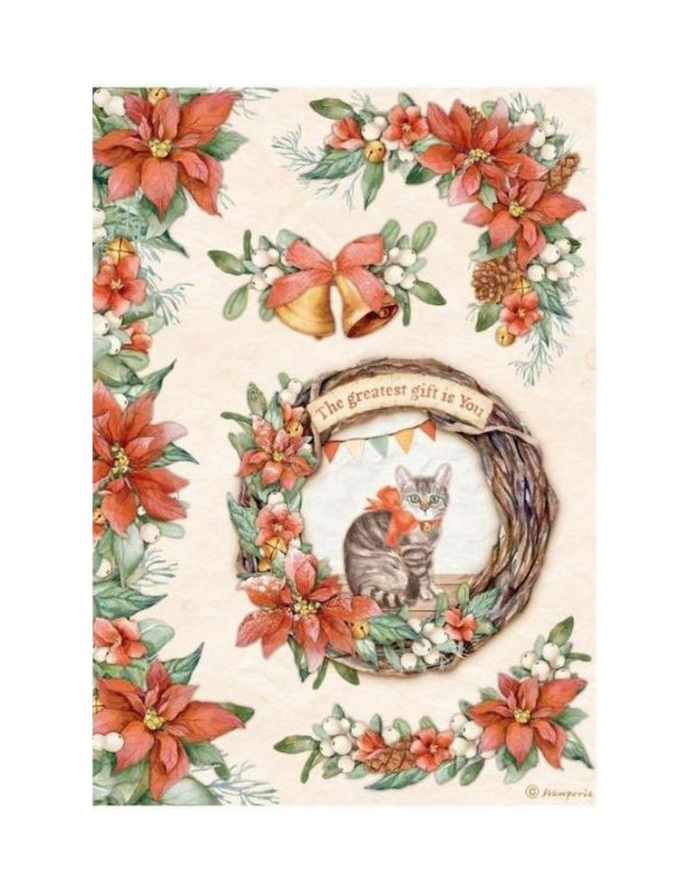 Papel, arroz Stamperia DFSA4803 con corona navideña y gato, ideal para decoupage festivo