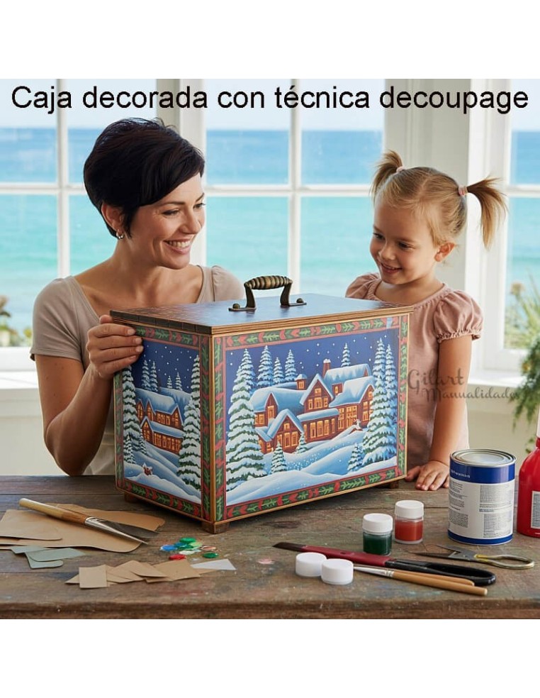Caja navideña decorada con papel de arroz y técnica decoupage, compartiendo un momento creativo entre madre e hija