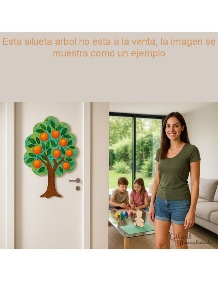 Ejemplo decorativo: puerta decorada con siluetas de madera DM. La silueta que se vende es silueta Teléfono.