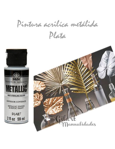 Pintura acrílica metálica Plata FolkArt 59 ml para brillo y decoración.