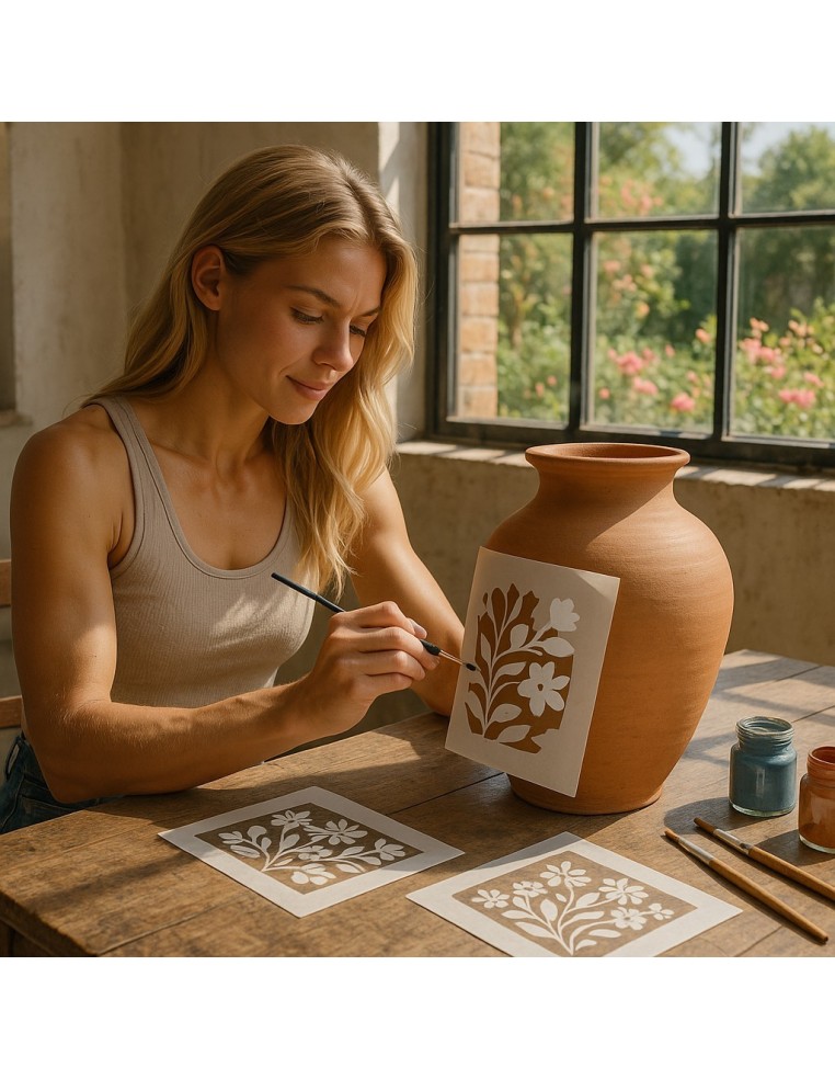 Muestra de proyecto mujer decorando un jarrón con plantillas.  La plantilla a la venta es pastisseria