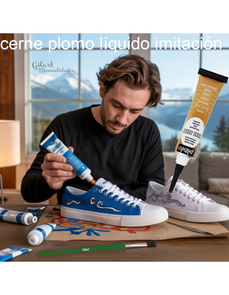 Muestra de chico decorando zapatillas deportivas con tubo de pintura relieve Cerne Relief