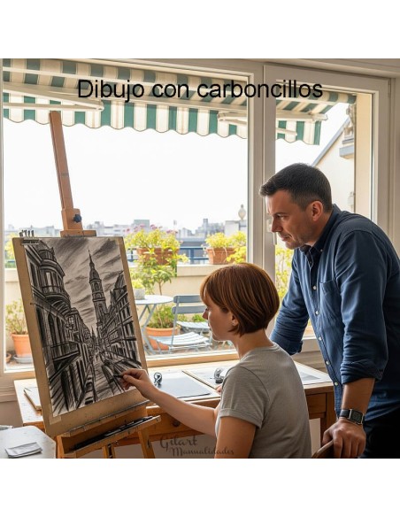 Artista creando un dibujo con carboncillo, una técnica esencial en la pintura y el dibujo.