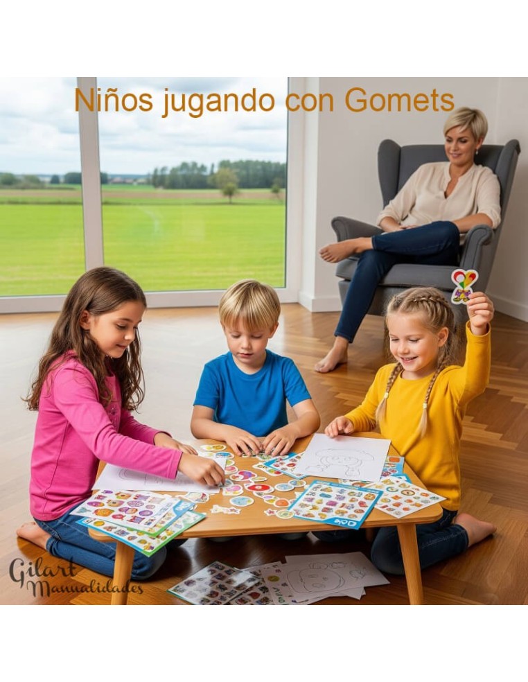 Niños felices exploran su creatividad con gomets temáticos vestirse niña Apli. ¡Momentos de juego!