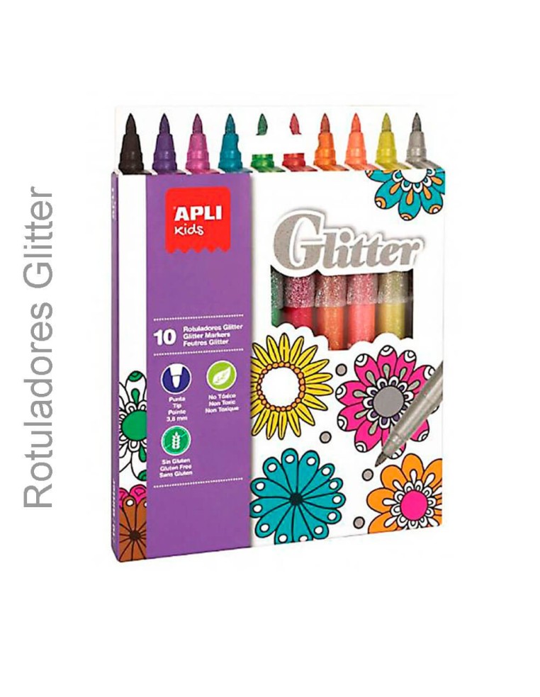 Rotuladores glitter Apli pack 10 colores surtidos para manualidades infantiles