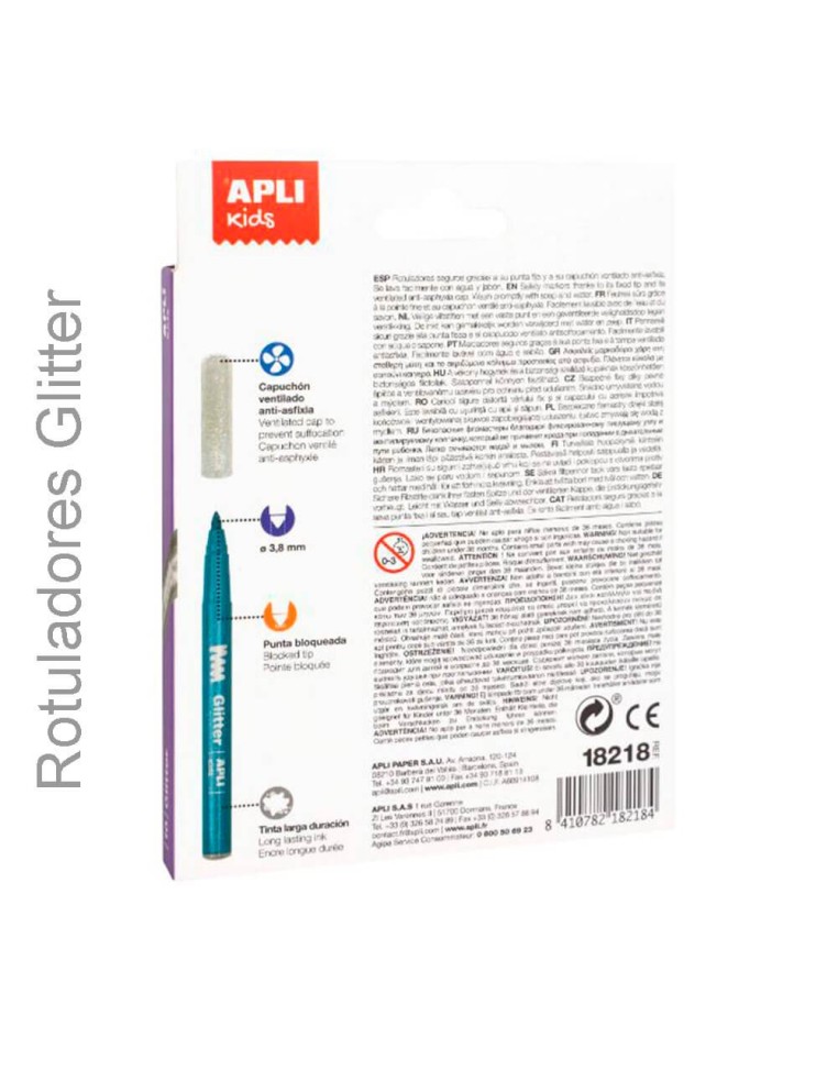 Rotuladores glitter Apli pack 10 colores surtidos, vista trasera con detalles del producto