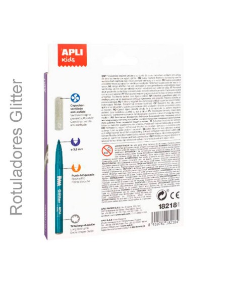 Rotuladores glitter Apli pack 10 colores surtidos, vista trasera con detalles del producto Rotuladores glitter Apli pack 10 colores surtidos, vista trasera con detalles del producto