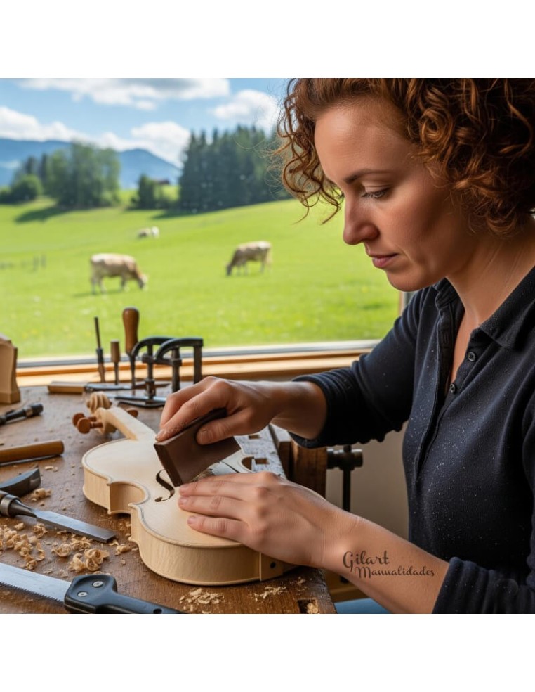 Mujer lijando violín con taco lija de grano medio.