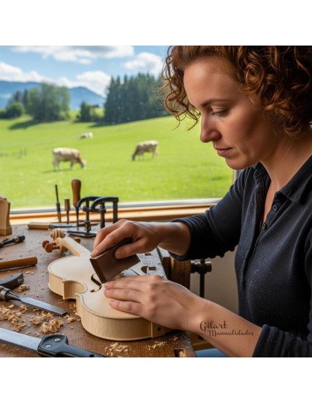 Mujer lijando violín con taco lija de grano medio.