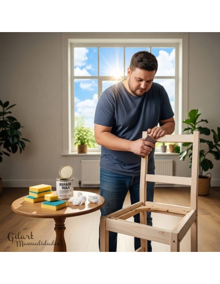 Hombre lijando una silla con esponja lija fina de doble cara para un acabado impecable. Hombre lijando una silla con esponja lija fina de doble cara para un acabado impecable.